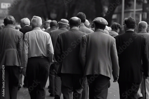 Black and White Image of a Group of Elderly Men Walking Down the Street in the 1950s, Generative AI photo