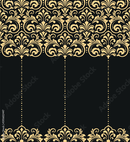 Wallpaper in the style of Baroque. Seamless vector background. Gold and black floral ornament. Graphic pattern for fabric, wallpaper, packaging. Ornate Damask flower ornament