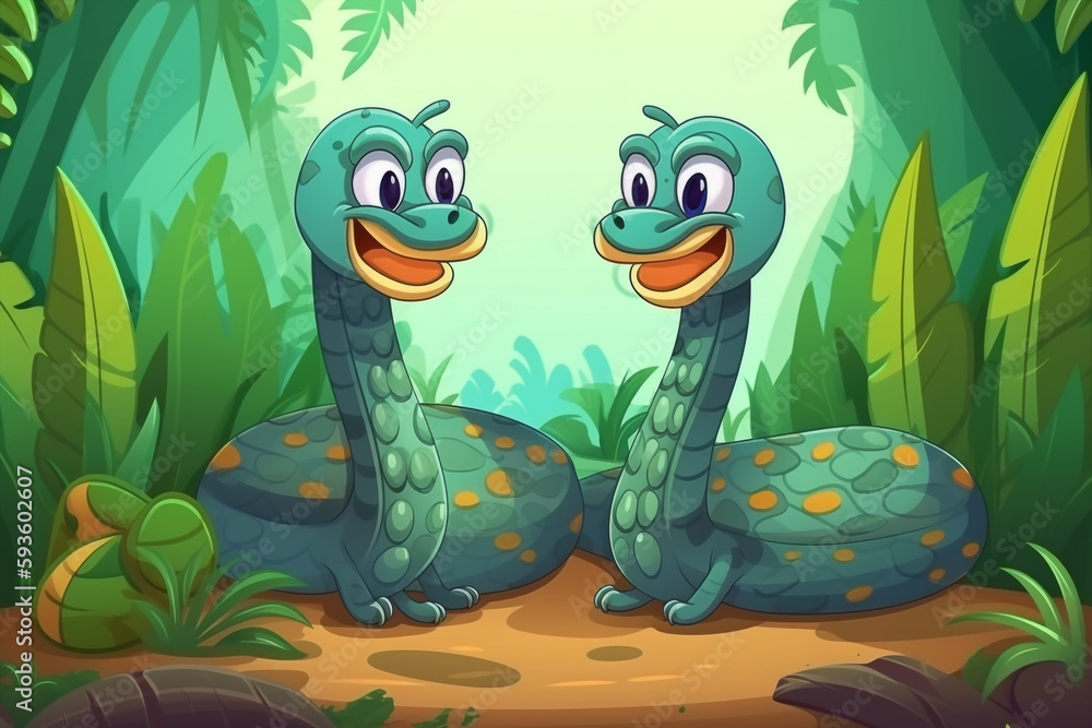 Two KingCobra Babies Sitting Together In A Green Garden Generative Ai Digital Illustration Part#170423