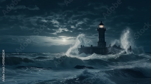 Old Lighthouse on Island in Stormy Ocean, In Night with moonlight. Generative AI