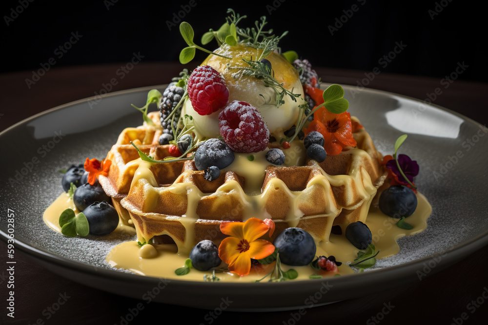 Belgian waffle withe cream and berries on a dark background, Generative AI