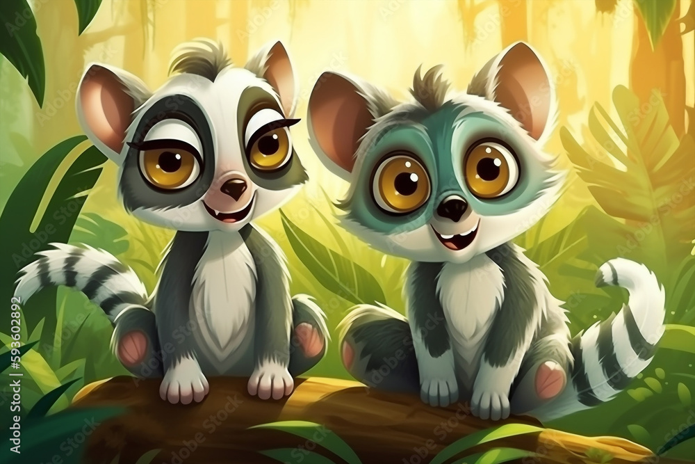 Two Lemur Babies Sitting Together In A Green Garden Generative Ai Digital Illustration Part#170423