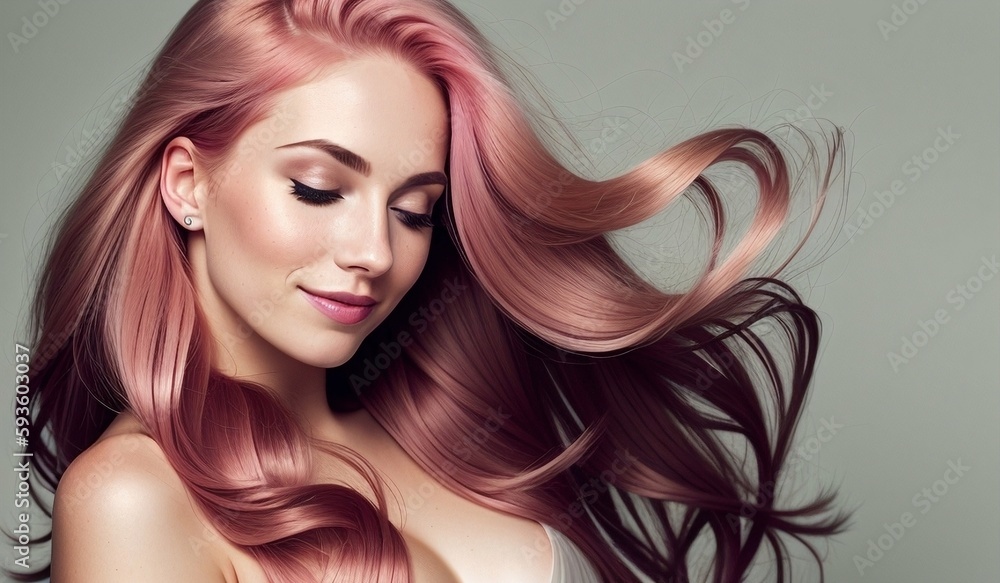 Fototapeta Beautiful pink haired woman with long shiny hair, generative ai image, fashion, beauty