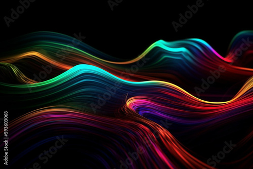 Abstract dynamic colorful waves on black background. Technology concept. Generative AI