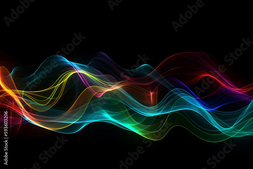 Abstract dynamic colorful waves on black background. Technology concept. Generative AI
