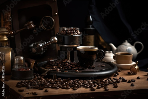 Coffee grinder and coffee beans on a wooden table. Generative AI