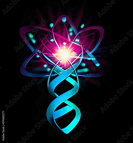 scientific research and experiment symbol includes dna, atom and energy together for academic journals or articles
