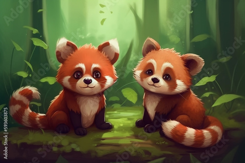 Two Red Panda Babies Sitting Together In A Green Garden Generative Ai Digital Illustration Part 170423