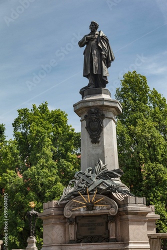Closeup view of the monument of Adam Mickiewicz in Warsaw photo