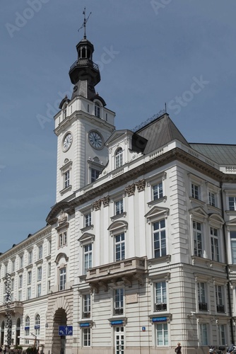 Closeup view of the beautiful Jablonowski Palace with a clock tower in Warsaw