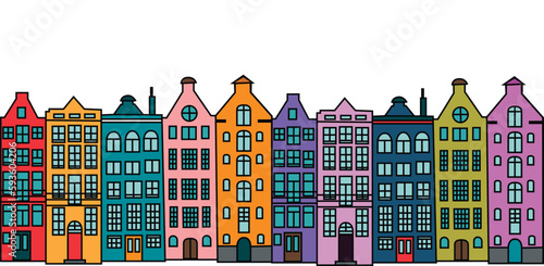 Seamless border of colorful old hand drawn european multistory buildings. 
