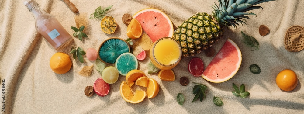 A flat lay image featuring tropical fruits and drinks on a beach towel. Drinks include colorful cocktails and fresh juices. Creating a tropical escape vibe. Concept summer theme banner. Generative AI