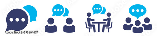 Conversation and communication icons set. Meeting discussion, speech bubble, partnership or collaboration concept, working together, business people talk.