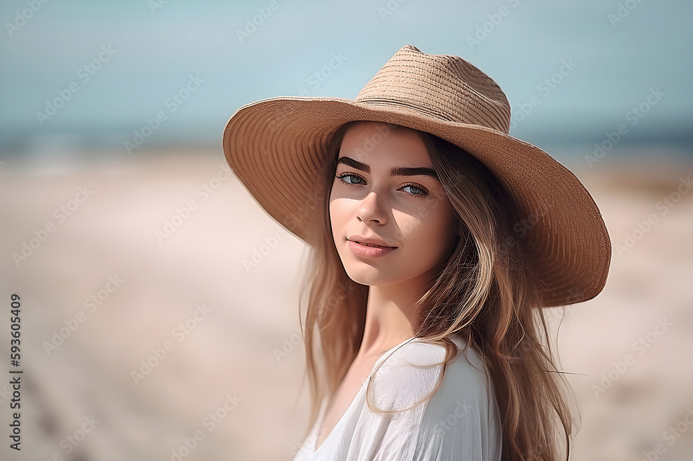 Young beautiful woman in hat. Portrait, close-up, on the ocean. Generative AI