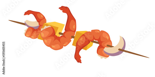Concept Grill barbecue sea kebab shrimps. This is a flat, vector illustration of a barbecue seafood concept featuring a delicious kebab of perfectly grilled shrimps. Vector illustration.
