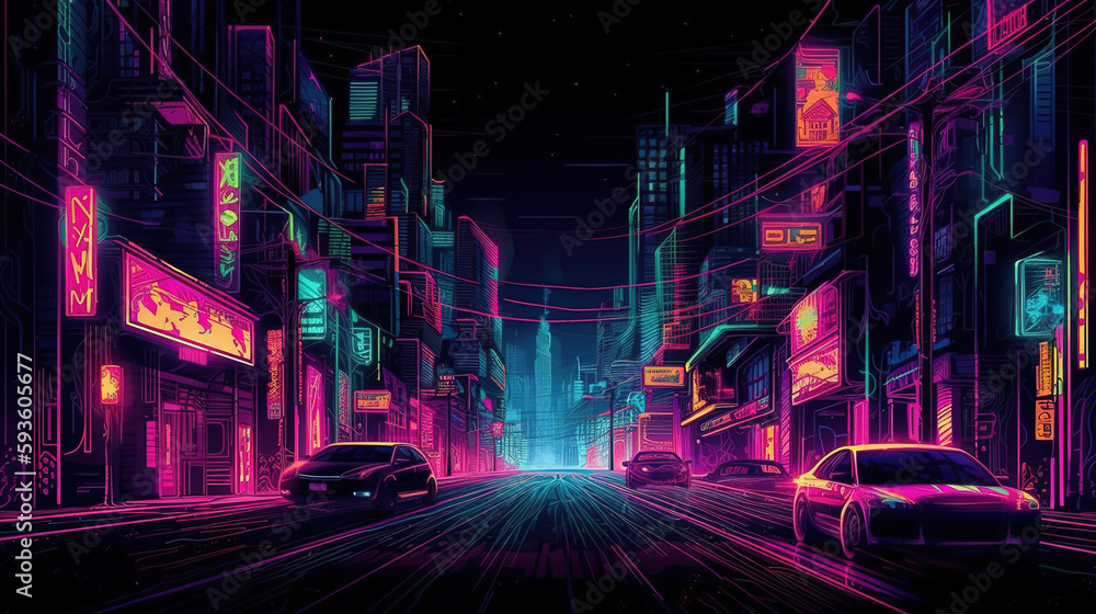 Fototapeta premium Nighttime lighting city road. Neon cyberpunk background. Futuristic radiance. Generative AI.