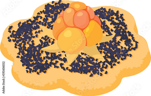 Cloudberry dessert icon isometric vector. Fresh cloudberry and cookie with seed. Dessert, breakfast, food concept photo