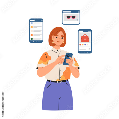 Smiling girl with smartphone. Woman using mobile apps for online shopping.