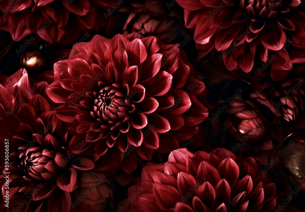 Ded blooming dahlias with vivid colours.  UHD image, dense compositions, allover composition, close up, photorealistic compositions. Created using generative AI