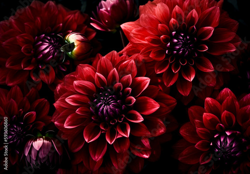 Ded blooming dahlias with vivid colours.  UHD image, dense compositions, allover composition, close up, photorealistic compositions. Created using generative AI photo