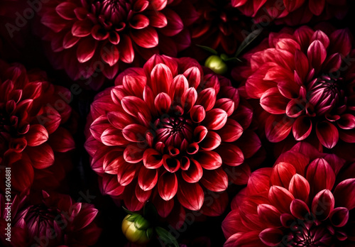 Ded blooming dahlias with vivid colours. UHD image, dense compositions, allover composition, close up, photorealistic compositions. Created using generative AI