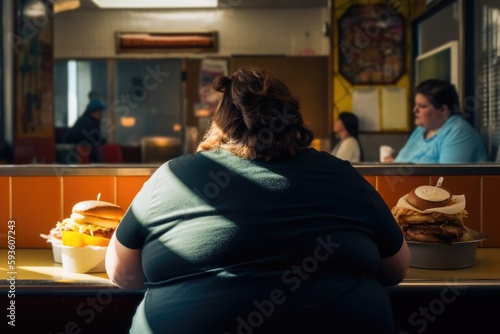 Fat woman eating fast food or junk meal  in a fast food restaurant / diner, back view. Obesity. Created with Generative AI
