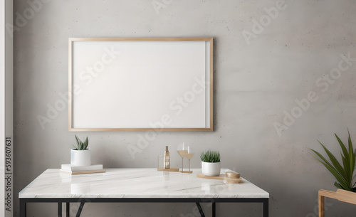 minimalist abstract marble table, empty picture frame, product presentation, living room, working desk