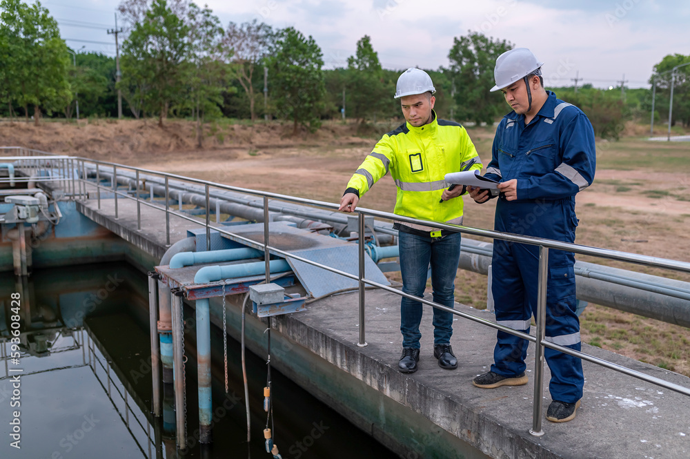 Environmental engineers work at wastewater treatment plants,Water supply engineering working at Water recycling plant for reuse,Technicians and engineers discuss work together.