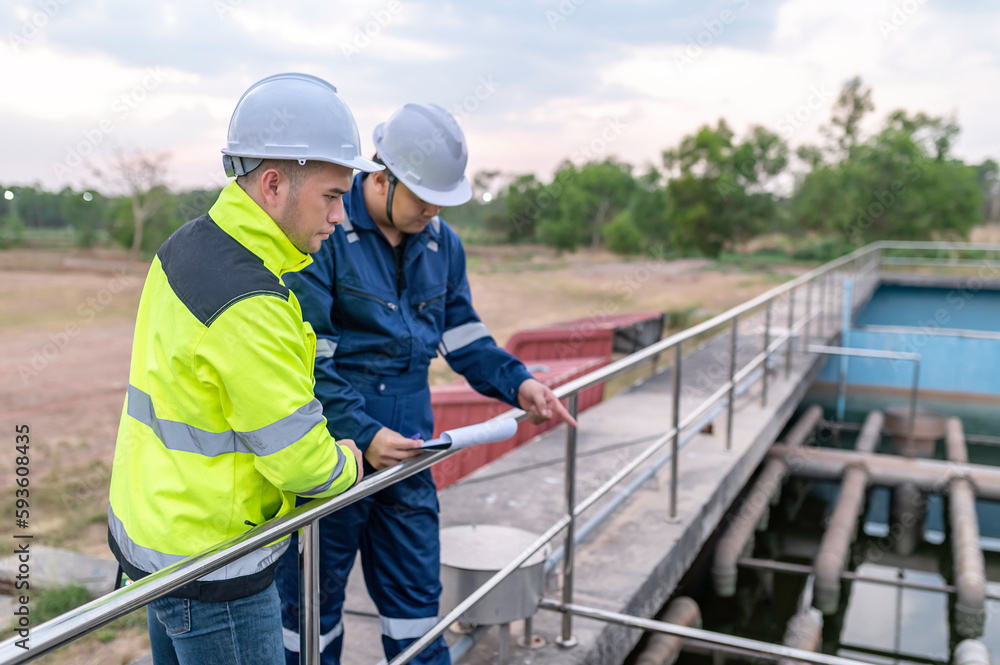 Environmental engineers work at wastewater treatment plants,Water supply engineering working at Water recycling plant for reuse,Technicians and engineers discuss work together. Environmental engineers work at wastewater treatment plants,Water supply engineering working at Water recycling plant for reuse,Technicians and engineers discuss work together.