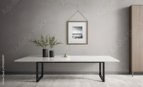 minimalist abstract marble table  empty picture frame  product presentation  living room  working desk