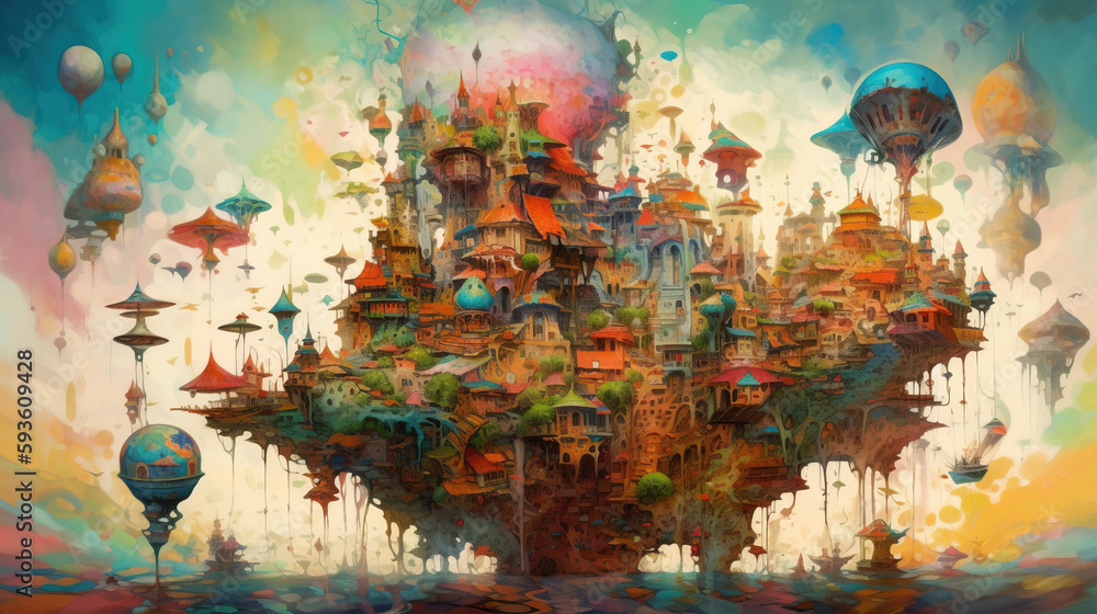 Obraz premium Surreal & Psychedelic illustration, 80s styled Surreal village landscape. Generative AI. 