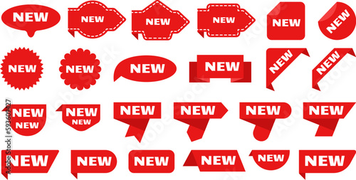 Promotion new arrival stickers, circle and arrows red retro marks. Clean signs and labels. Product stamps, tags, ribbons. Flat decent vector promo elements