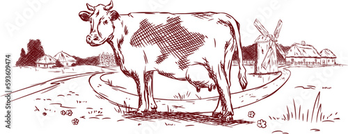 Illustration of a cow in a field with a path against a background of a mill and village houses.