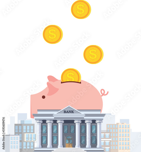 The concept of financial growth. Illustration in the form of a bank building in the background piggy bank with coins falling into it. Isolated on a white background photo