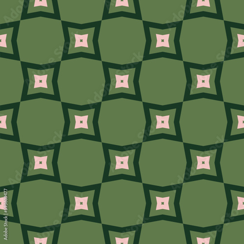 Retro pattern. Vector ornamental geometric seamless texture. Simple ornament with geometrical floral shapes, grid, repeat tiles. Abstract geo background in vintage style. Green and pink color