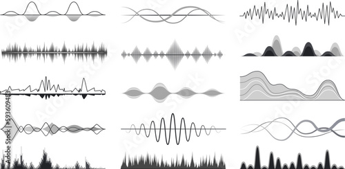 Monochrome audio sound waves, song or voice symbols. Radio frequency, monitor vibration and rhythm. Digital equalizer decent vector signs