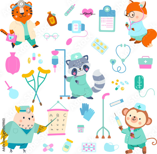 Animals doctors and pills, stethoscope and medical tools. Funny physicians, cartoon animal in doctor uniform. Pediatric nowaday vector characters