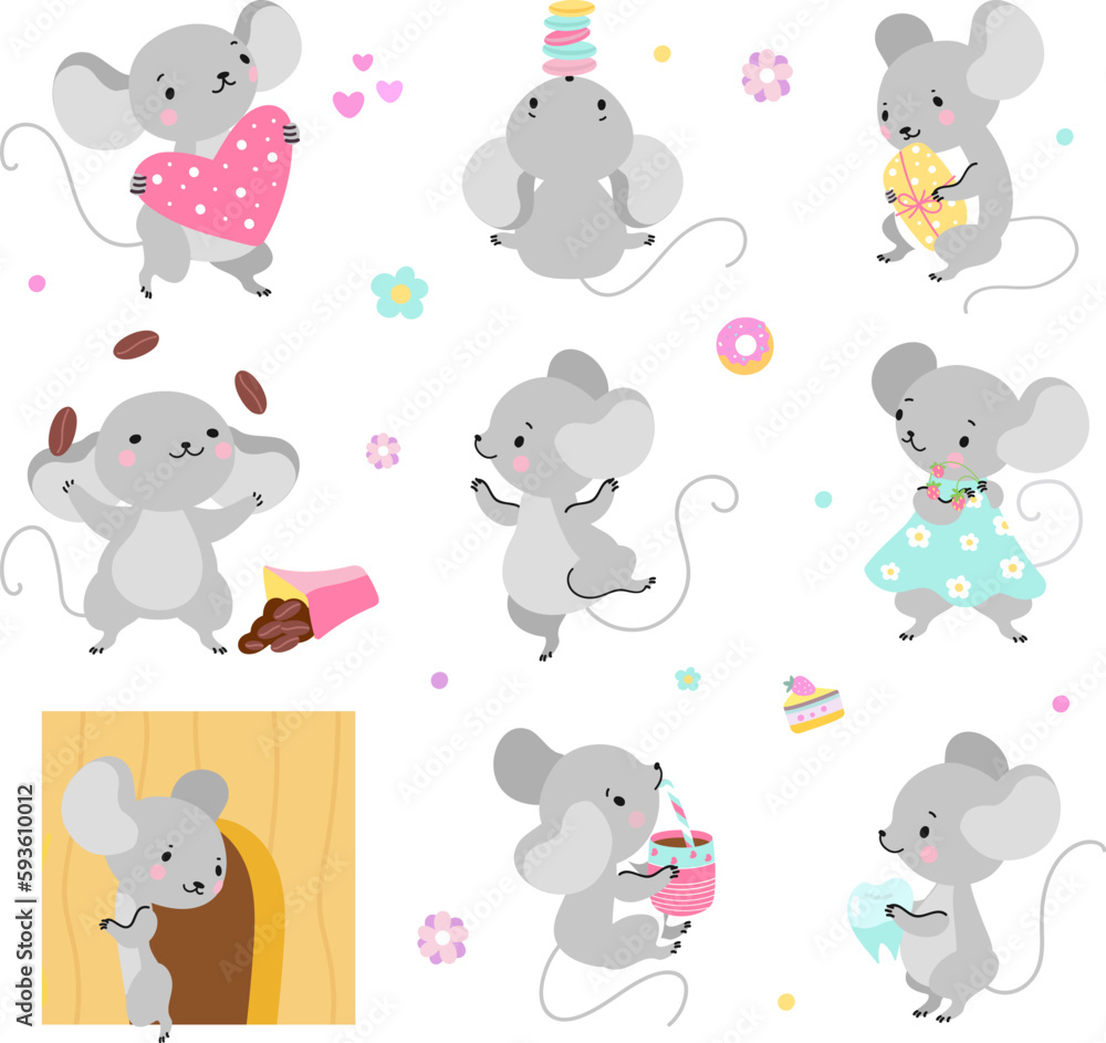 Funny cartoon mouse playing and sleeping. Mice adorable characters in different poses. Comic rats doing various things, childish nowaday vector clipart Funny cartoon mouse playing and sleeping. Mice adorable characters in different poses. Comic rats doing various things, childish nowaday vector clipart