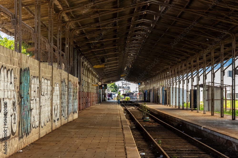 Marilia, Sao Paulo, Brazil, March 21, 2023. Deactivated platform of the old train station in the city of Marilia, SP Marilia, Sao Paulo, Brazil, March 21, 2023. Deactivated platform of the old train station in the city of Marilia, SP