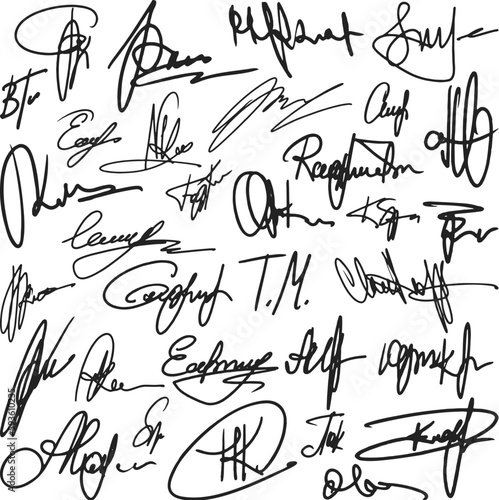 Manual pen signature, art handwritten signatures design. Hand autograph, isolated digital documents personal data. Neoteric abstract vector set