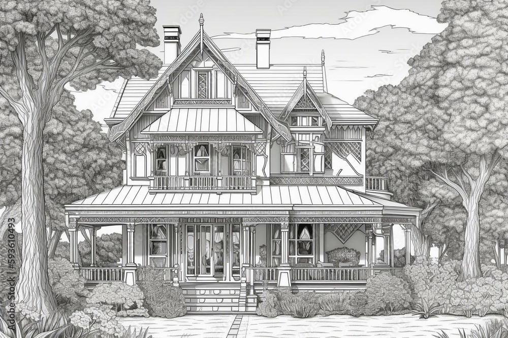 Coloring page. Landscape house in the summer. Generative AI
