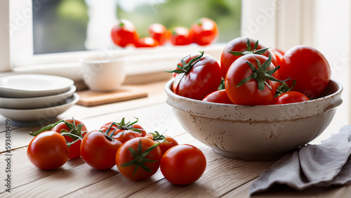 Tomatoes and bowl with tomatoes on wooden table