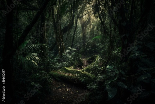 Deep tropical forest in darkness. Generative AI