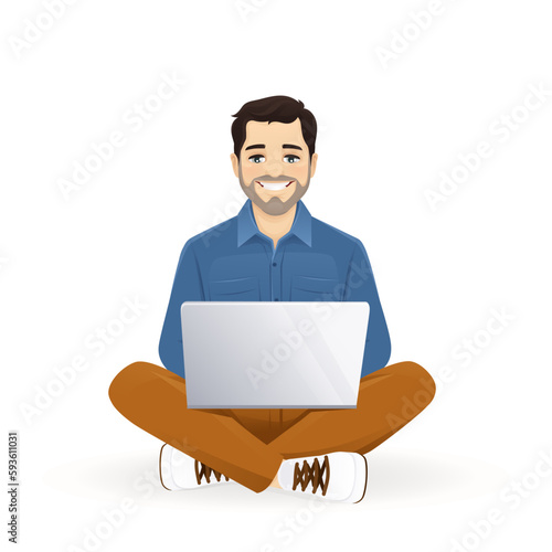 Young handsome man using laptop computer sitting with crossed legs set. Isolated vector illustration