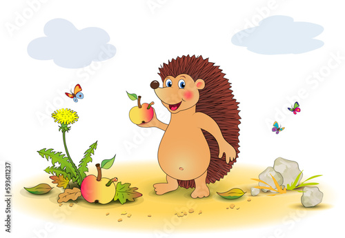 Igel mit Apfel, Apfel mit Wurm, Löwenzahn und Schmetterlinge,
Vektor Illustration isoliert auf weißem Hintergrund
