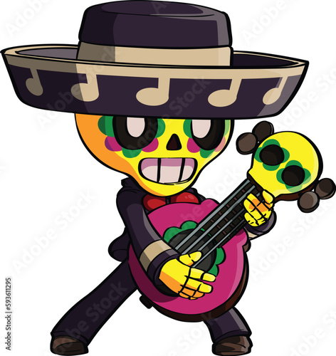 An illustration of the character Poco from the game Brawl Stars. Playing guitar, isolated on white background