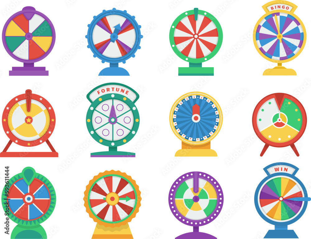 Fortune wheels, isolated gaming chance wheel. Play spin roulette, lottery or winning prize in casino. Lucky symbols, gambling decent vector icons