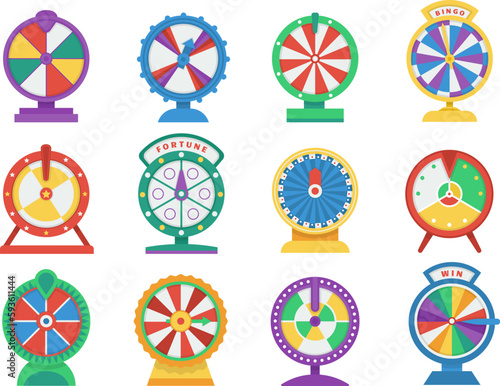 Fortune wheels, isolated gaming chance wheel. Play spin roulette, lottery or winning prize in casino. Lucky symbols, gambling decent vector icons