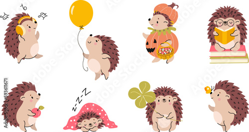 Forest autumn hedgehogs. Cute cartoon hedgehog play with balloon, listen music and reading books. Halloween animal in pumpkin, nowaday vector set © MicroOne