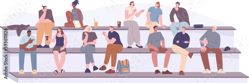 People sitting together, youth rest. Students on break talking, drinking coffee and eating. Group on bench, communication kicky vector scene